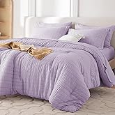 MUXHOMO 7 Pieces King Comforter Set, Seersucker Bed in a Bag King Size, All Season Luxury Bedding Set with Comforter, Flat Sheet, Fitted Sheet, Pillowcases & Shams, Lavender