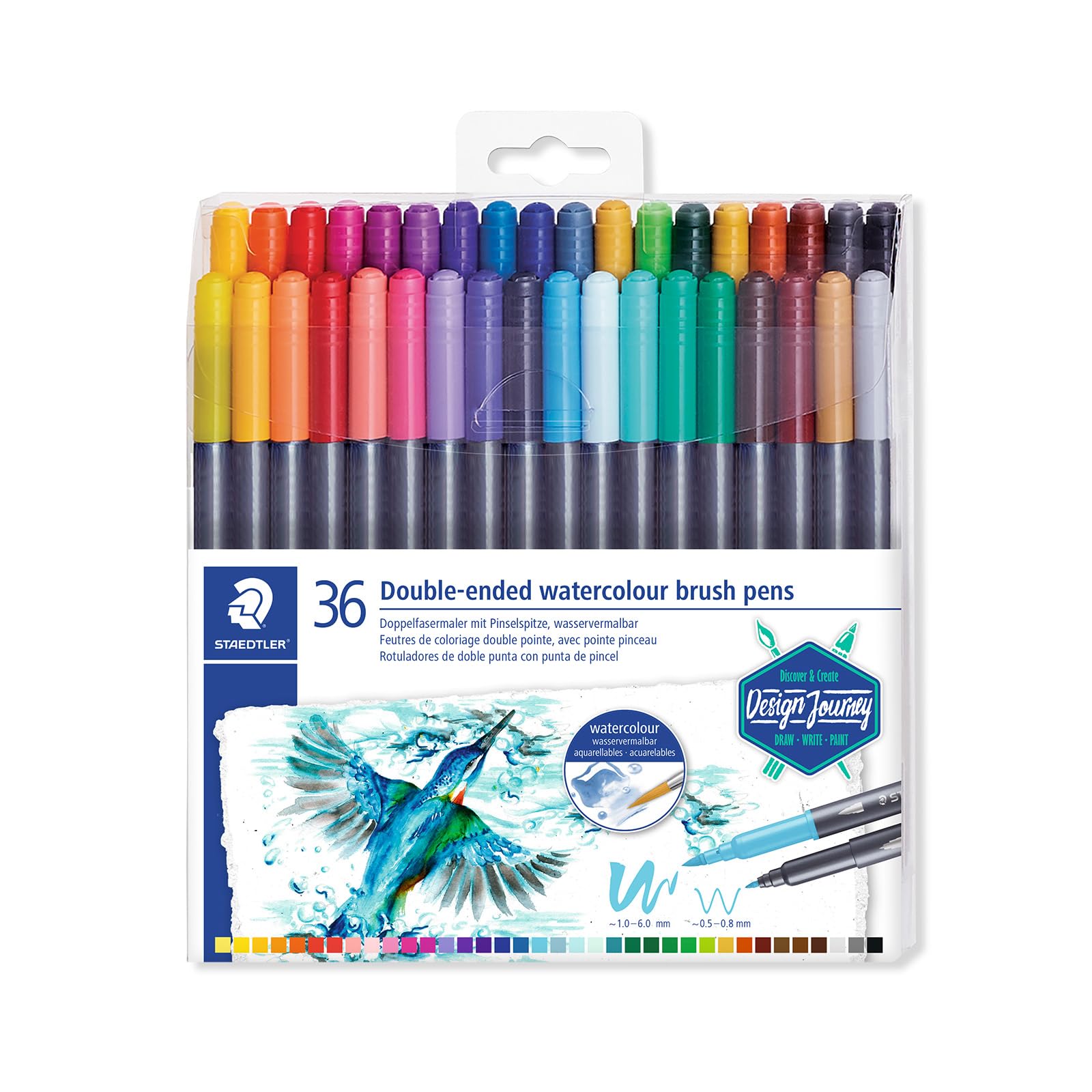 Staedtler Rotuladores de acuarela de doble punta, ideales para aplicaciones de bellas artes, colorear, caligrafía, dibujo, juego de 36 (3001 TB36)