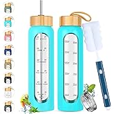 SipZest 32 oz Glass Water Bottle with Straw - Motivational Time Marker & Silicone Sleeve - Reusable Tumbler Includes 2 Bamboo Lids & Fruit Infuser - 1 Pack