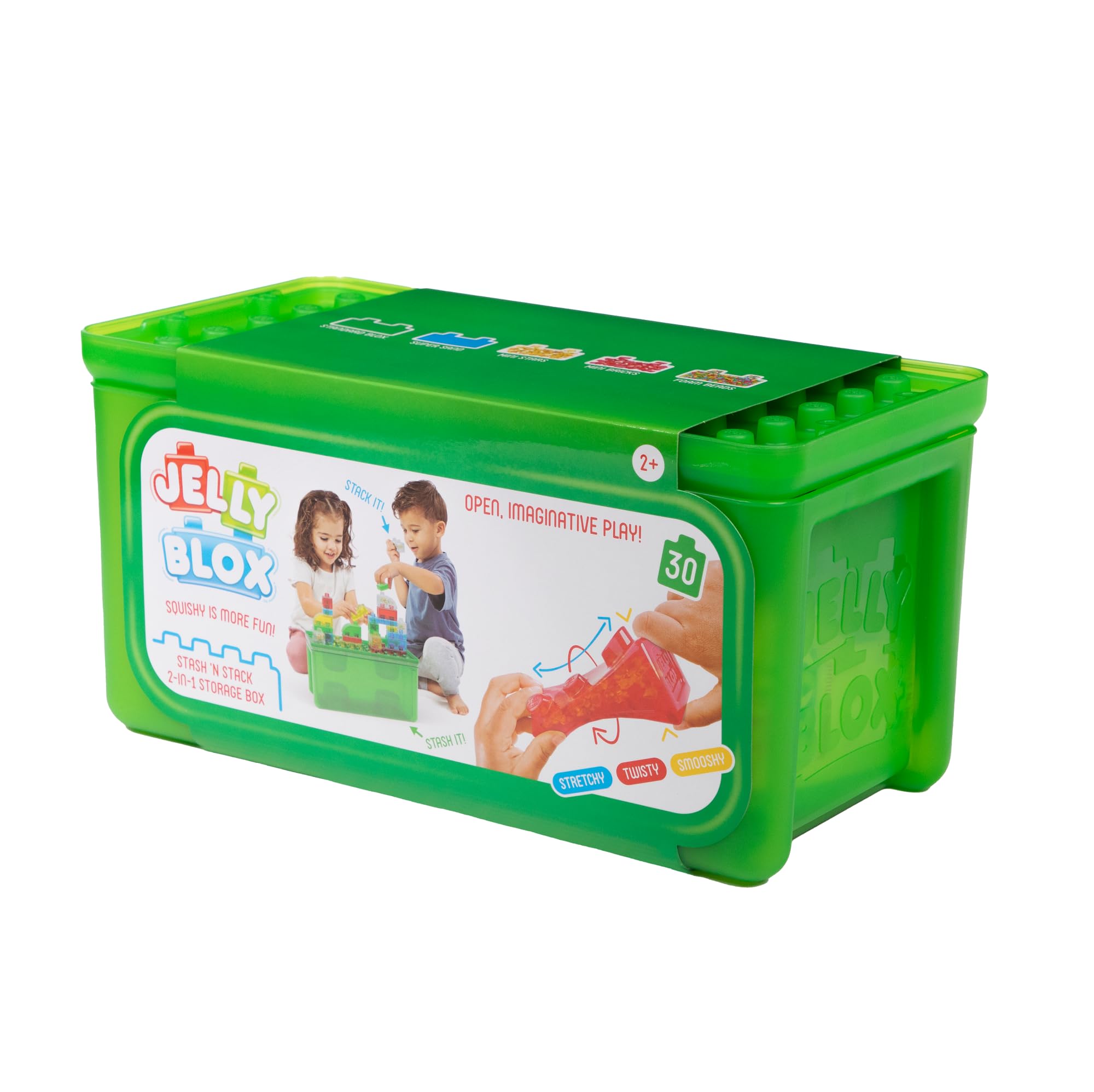 Jelly Blox Stash 'N Stack 2-in-1 Storage Case Including 30 Blocks | Toddler & Preschool Building Blocks Kids Can Squeeze & Stretch | Safety Tested & Ouch-Free | Tactile, Sensory Play Toy for Ages 2+