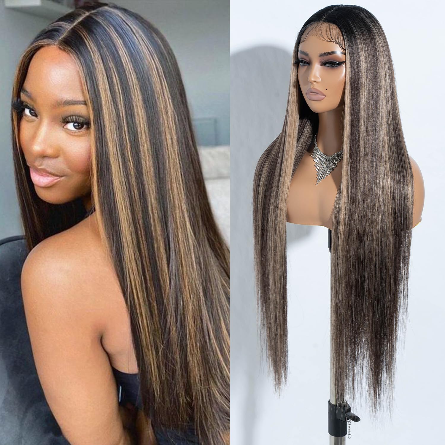 Joedir 34" Long Yaki Straight Lace Front Synthetic Highlight Wigs Middle Part HD Transparent Glueless Lace Wig Pre Plucked Hairline with Baby Hair for Women