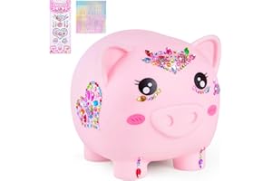 MHJY Piggy Bank Girls, Unbreakable Piggy Banks Large Money Coin Bank for Kids with DIY Stickers, for Birthday, Easter, Baby Shower, Pink