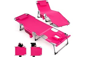 GYMAX Tanning Chair, 330LBS Beach Lounge Chair with Face Arm Hole & Hand Shoulder Strap, Folding Layout Sunbathing Chair, Fac