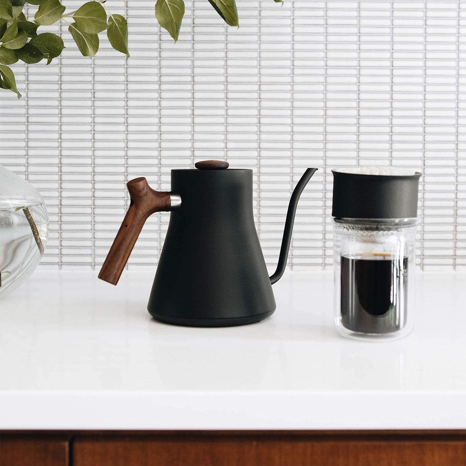 Fellow Stagg EKG Electric Gooseneck Kettle - Pour-Over Coffee and Tea Kettle - Stainless Steel Water Boiler - Quick Heating for Boiling Water - Matte Black With Walnut Handle