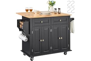 VEVOR Kitchen Island Cart, 35" Wood Top Mobile Carts with Storage Cabinet, Rolling Table with Drop Leaf, Spice Rack, Towel Bar, Adjustable Shelf, Drawer, and Hooks, Portable Islands on Wheels, Black