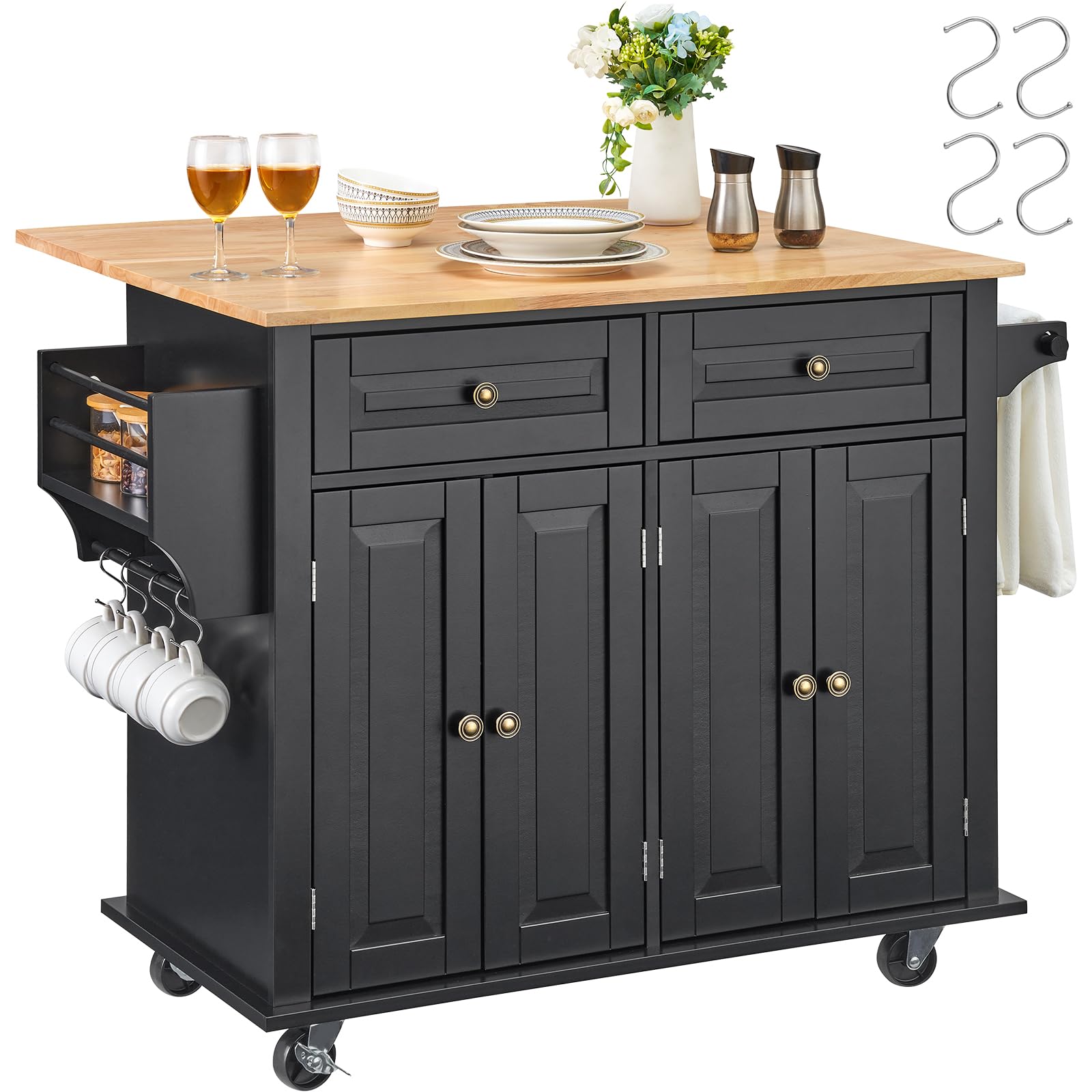 Photo 1 of VEVOR Kitchen Island Cart, 35" Wood Top Mobile Carts with Storage Cabinet, Rolling Table with Drop Leaf, Spice Rack, Towel Bar, Adjustable Shelf, Drawer, and Hooks, Portable Islands on Wheels, Black