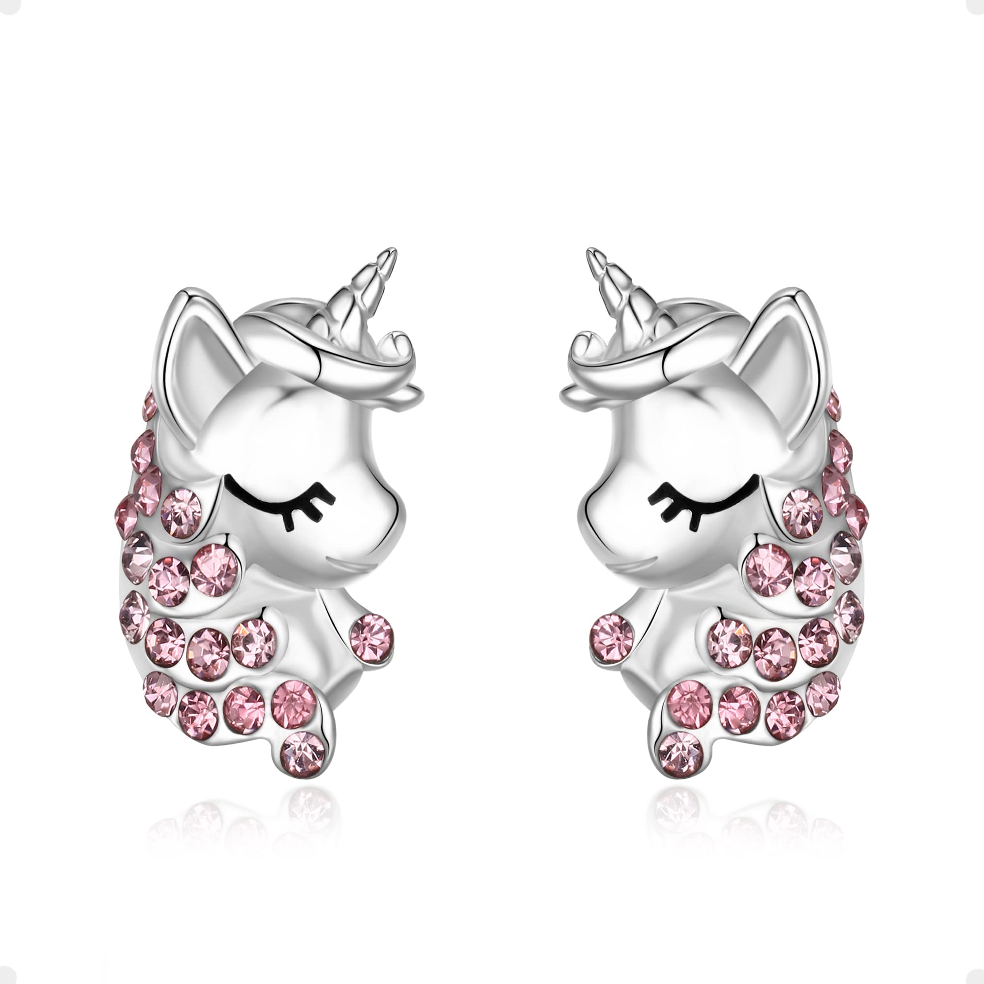 Unicorn Earrings for Girls, 925 Sterling Silver Pink CZ Cute Babyface Unicorn Stud Earrings, Birthday Gift for Daughter Granddaughter