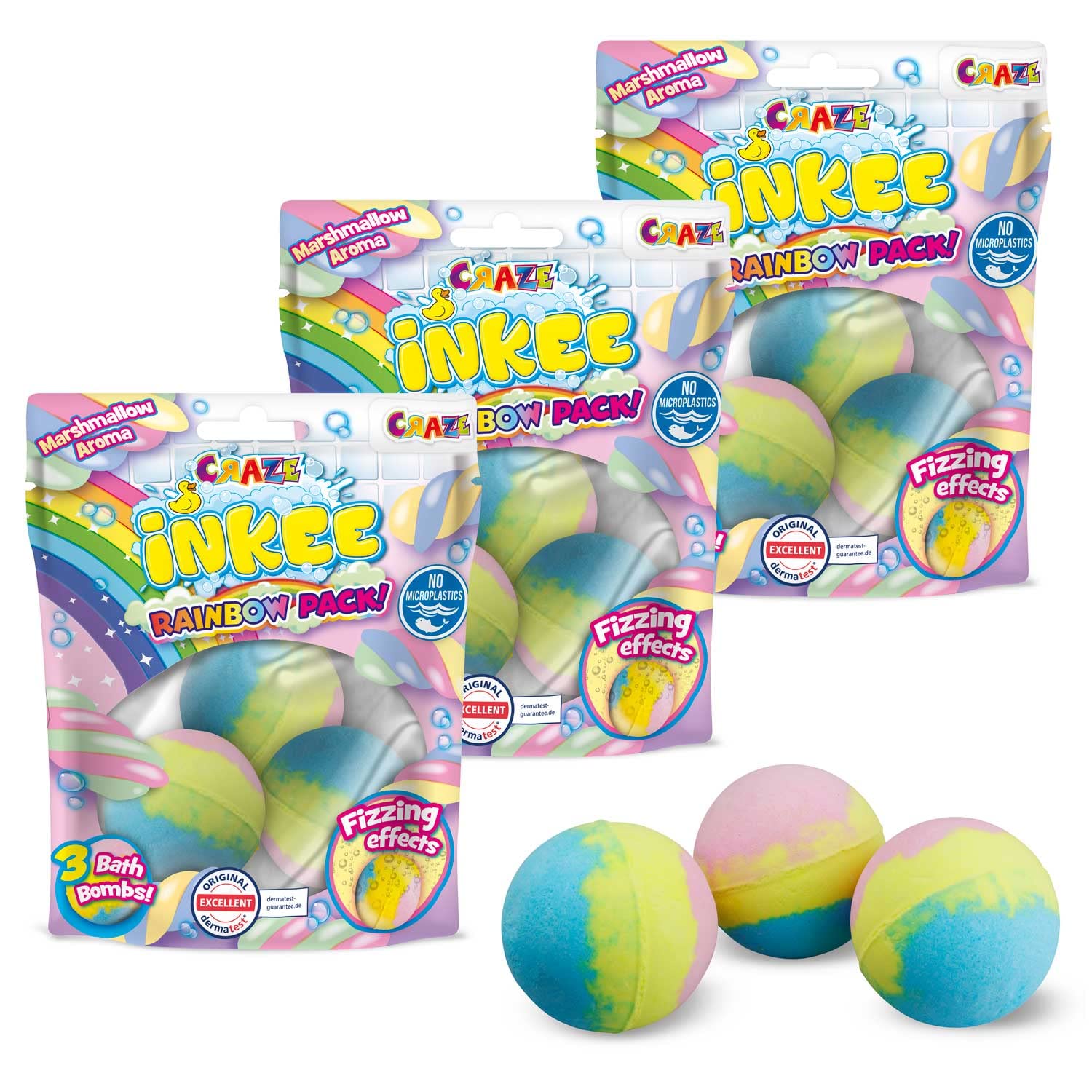 CRAZE INKEE Rainbow XL Set Nine Scented Bath Bombs with 3 Layers and Marshmallow Fragrance Colour Bath 30448, 3 Colours