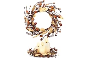 Suncalla Small Thanksgiving Day Candle Rings Fall Candle Wreath 12" with Artificial Textured Leaves and Acorn Twig Wreath for Pillar Flower Mini Rings Thanksgiving Fall Rustic Seasonal Decor