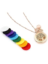 Rose Gold Tree of Life Essential Oil Diffuser Necklace &ndash; Aromatherapy Jewelry - Hypoallergenic 316L Surgical Grade Stainless Steel, 20.8" Chain + 9 Washable Insert Pads + Charms
