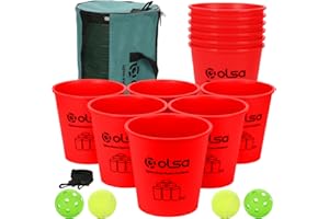 Olsa Giant Pong Yard Games, Yard Pong Outdoor Game for Adults and Family, Toss Backyard Lawn Games with 12 Buckets, Balls, Strength Carrying Bag for Beach Camping Backyard Party(Red)