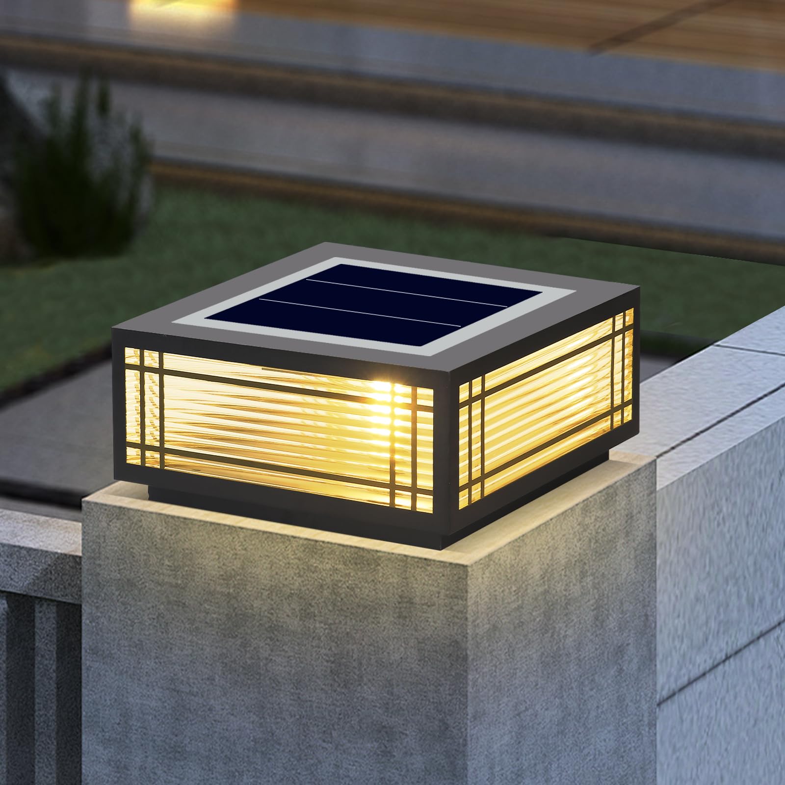 Photo 1 of SLAWA Solar Post Light Fixture Exterior Pillar Light with LED Solar Power Column Caps Lamps Aluminum Waterproof Glass Fence Post Caps Lights Black Square Outside House Yard Lawn Deck Post Lanterns