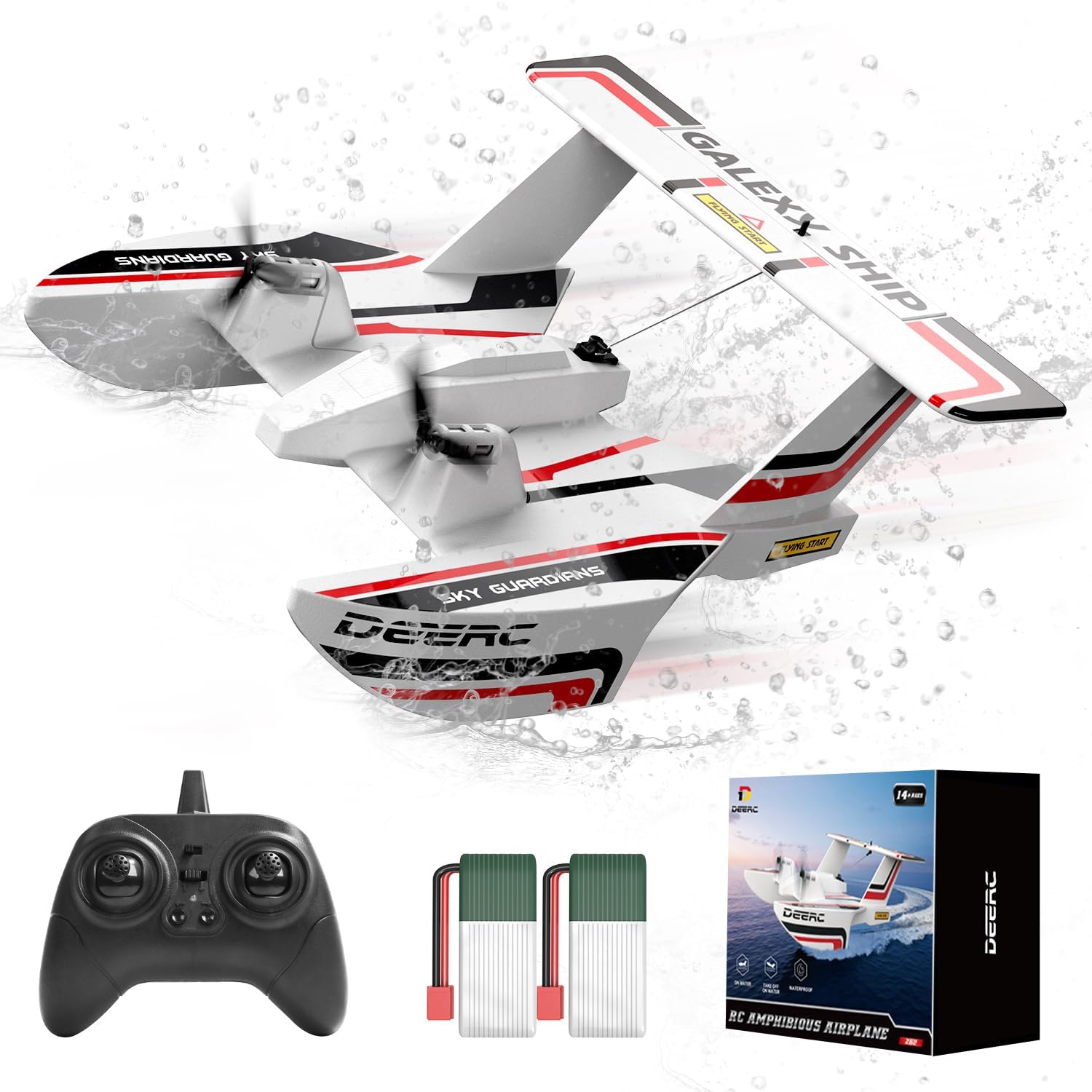 DEERC RC Flugzeug für Wasser Land & Luft, Amphibisches DREI-Phibien-Flugzeug, 3CH Ferngesteuertes Flugzeug mit 2 Batterien, 2.4GHz RTF Segler für Junge Mädchen