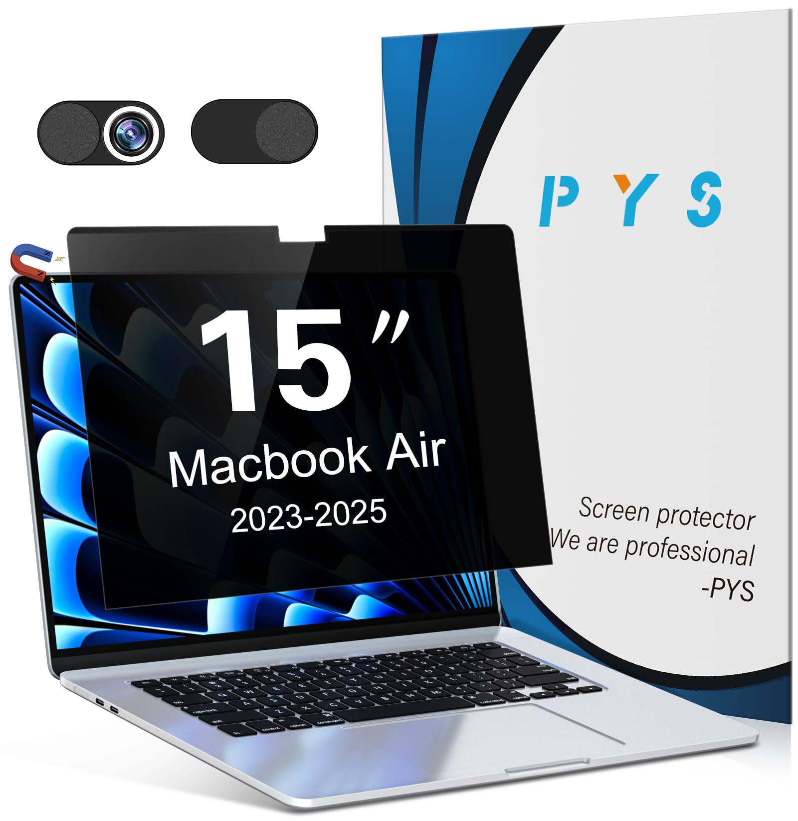 Photo 1 of PYS Magnetic Privacy Screen for MacBook Air 15.3 Inch (2025/2024/2023, M4, M3, M2 Chip) - Removable Anti-Glare Protector with Camera Cover Slide, Anti-Blue Light Filter for Mac Air 15.3" Laptop