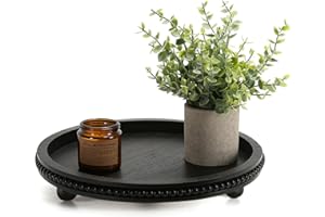 SYNCVIBE Wooden Beaded Decor Tray for Coffee Table, Rustic Wooden Trays Table Centerpieces, Decorative Trays for Home Decor Kitchen Table Farmhouse Serving Tray (Round Black)