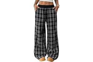 WDIRARA Girl's Plaid Elastic Waist Pants Wide Leg Long Baggy Pants with Pockets
