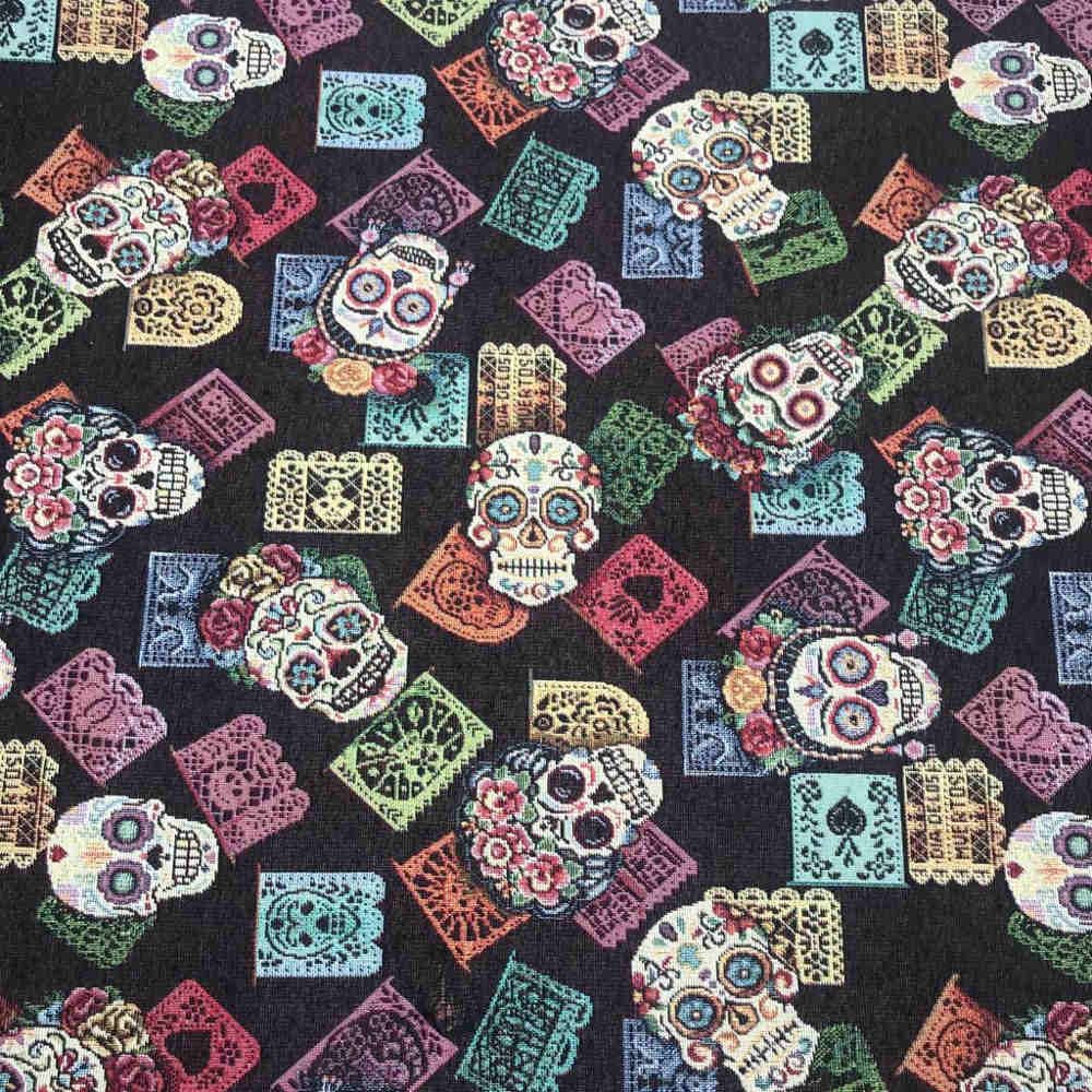 Kt KILOtela - Upholstery Fabric, Jacquard Gobelino, Upholstery Chairs, Cushions, Headboard, Sofa, Bags, Wear Resistant, Sewing, 100 cm Length x 280 cm Width, Catrinas, Multicoloured, Black - 1 m
