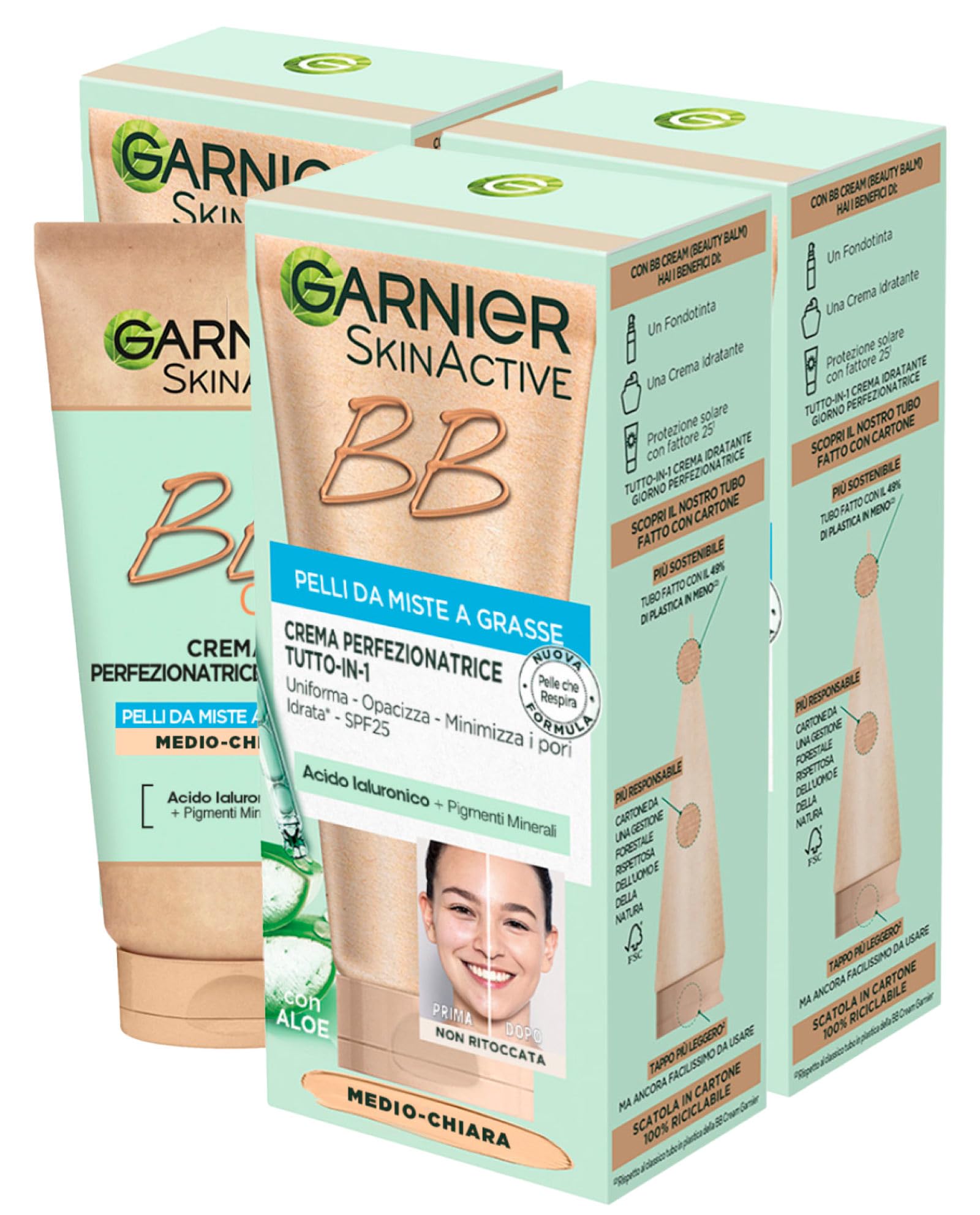 Garnier SkinActive BB Cream All in 1 Perfecting Face Cream Combination to Oily Skin SPF 25 Aloe Vera Hyaluronic Acid Moisturising Mattifying Medium-Clear Skin Tone - 3 x 50ml bottles