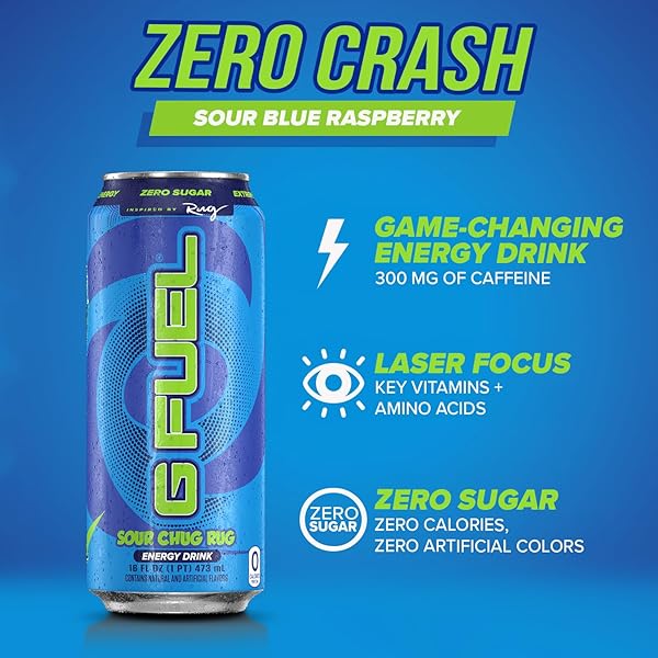 G FUEL ENERGY DRINK, SOUR BLUE RASPBERRY, SUGAR FREE BEVERAGE WITH 300MG CAFFEINE, DAILY ENERGY BOOST WITH FOCUS AMINO, VITAMIN + ANTIOXIDANTS, 16 OZ CANS (CHUG RUG, 12-PACK)