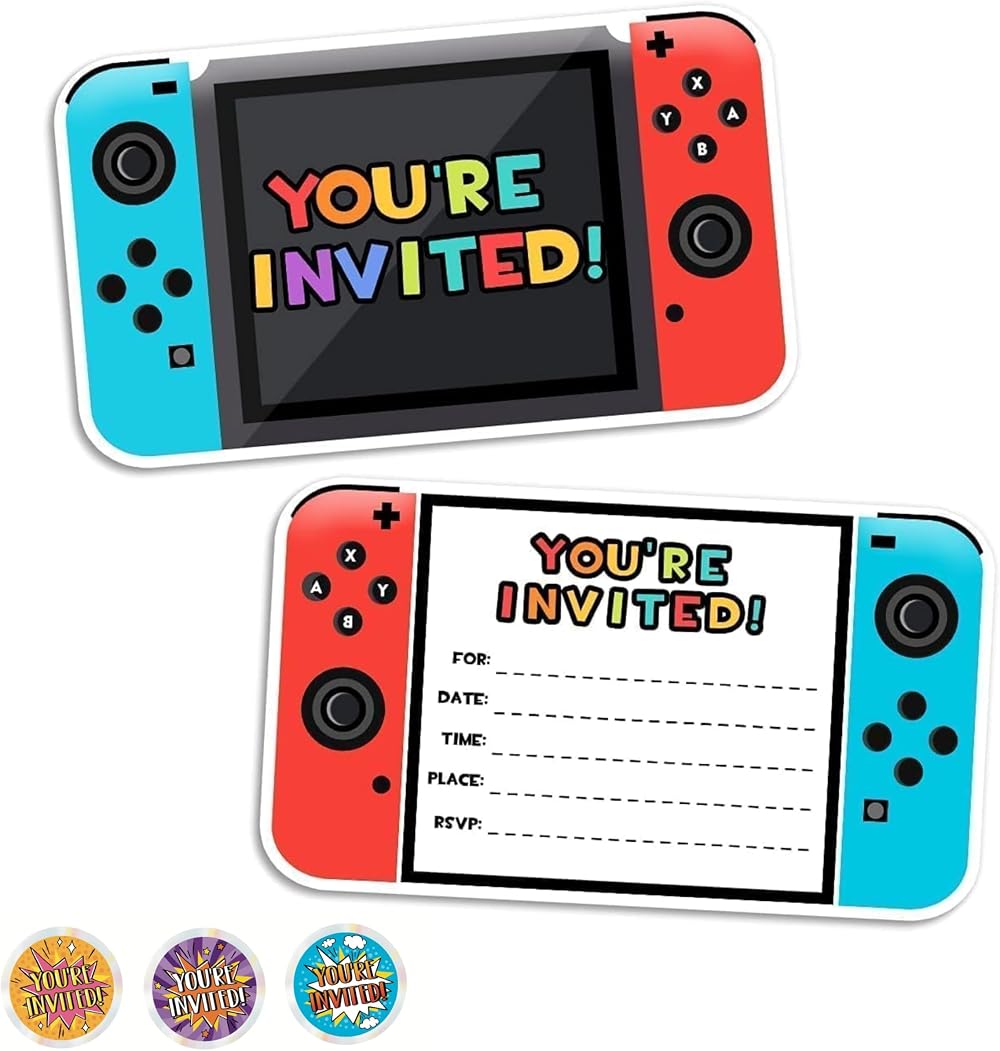 VELENTI Video Gaming Party Invitations - 30pcs with Envelopes & Stickers