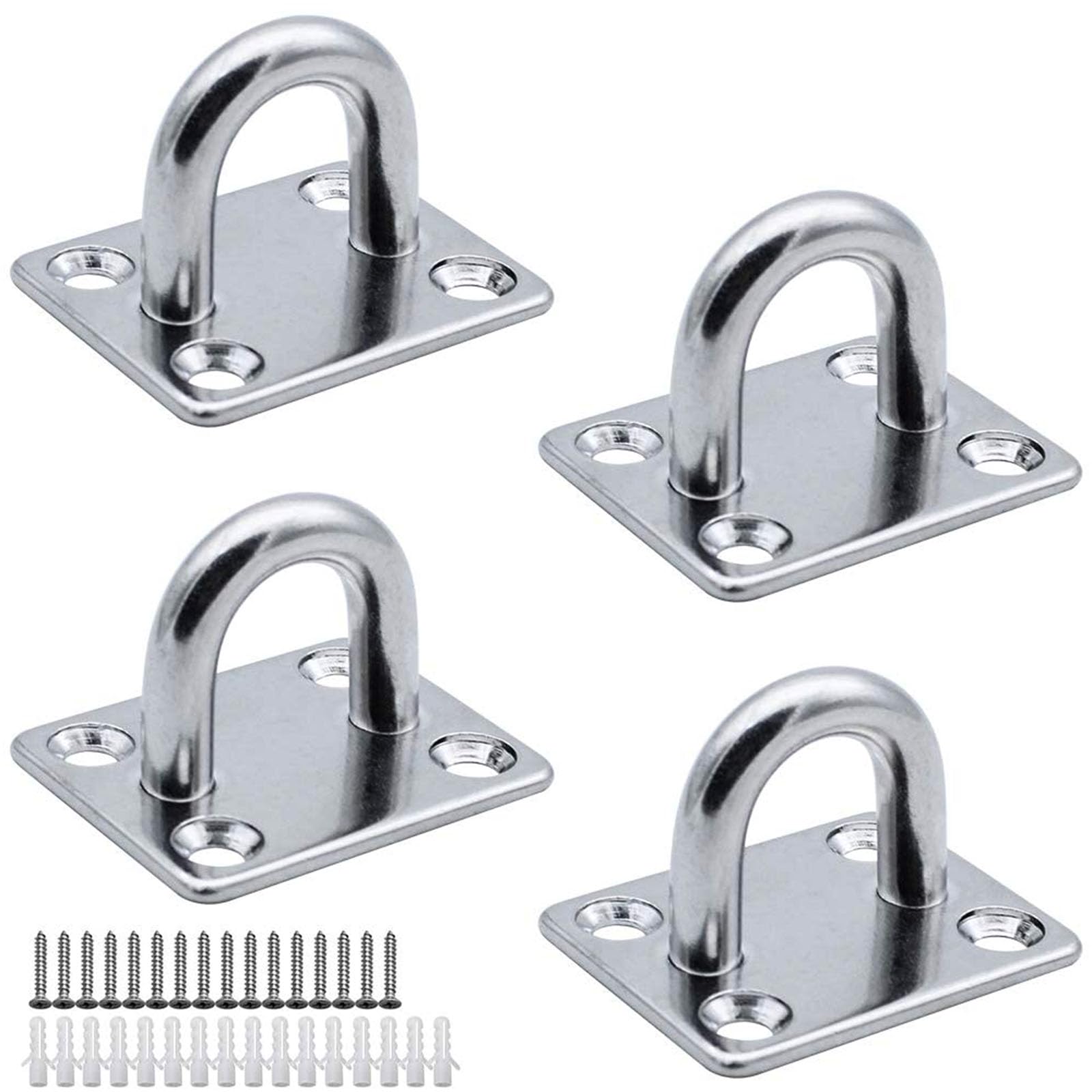 MZMing [4 Pack] M6 Eye Plate Hook Heavy Duty Ceiling Wall Mount Hook 304 Stainless Steel 4 Hole Boat Cover Plate for Marine Deck Boat Rigging Yoga Training Strap Swing Hammock Boxing Punching Bag