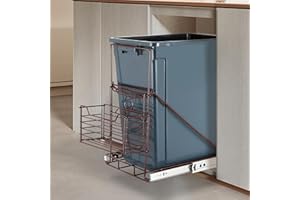 SOCONT Pull Out Trash Can with Removable Metal Basket, Stainless Steel Kitchen Adjustable Trash Slide Out Shelf, Cabinet Trash Can Pull Out Kit, Fit 7-11 Gallon Garbage Can (Trash Can Not Included, Brown)