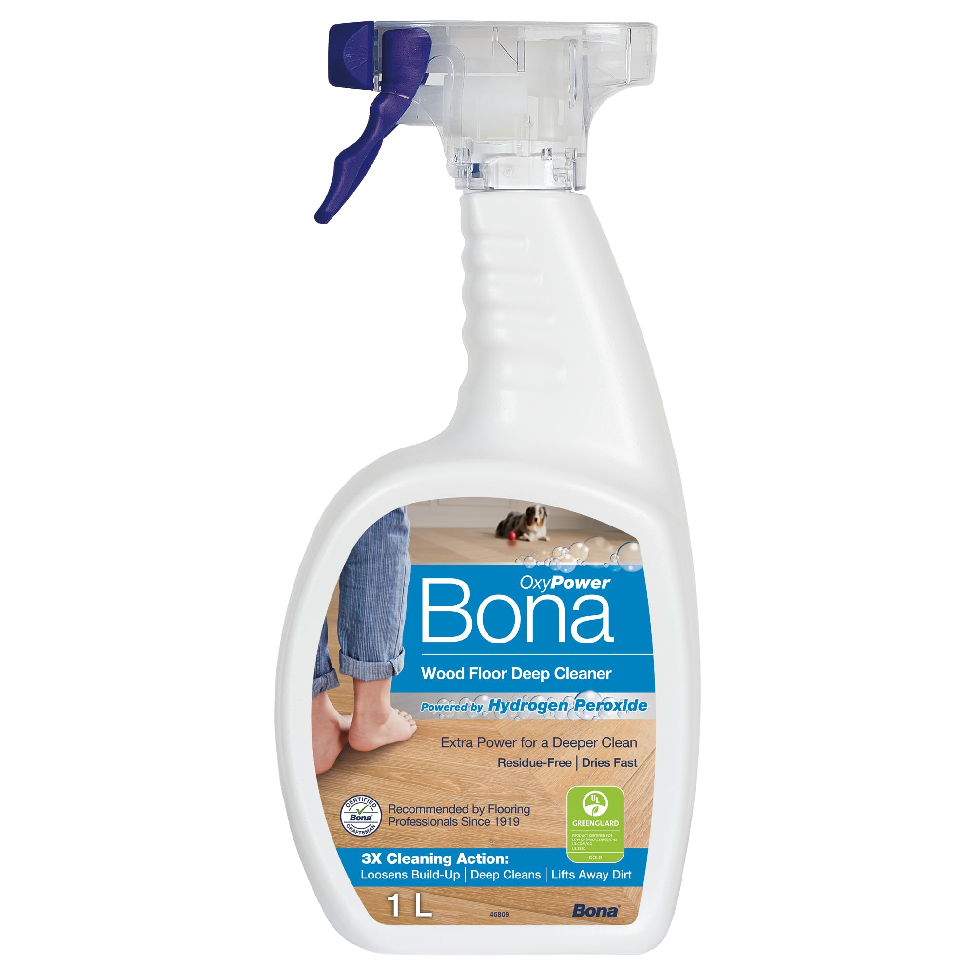 Bona OxyPower Wood Floor Cleaner Liquid, Wooden Floor Cleaner, for Varnished or Hard Waxed Wood Floors, 1 Litre Spray Bottle, White