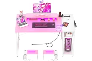 Armocity Computer Desk with LED Lights, Gaming Desk with Power Outlet and USB, 40 Reversible Laptop Table with Moveable Monitor Stand, Small Desk for Small Spaces, Office, Gaming Room, Pink and White