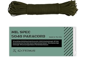 Extremus True Mil Spec 5040 Paracord, Made in The USA, Military Grade 550 lbs Breaking Strength, 7 Twisted Nylon Strands Plus Tracer Strand, UV Resistant, Color Fast, Camo Green, 50 feet