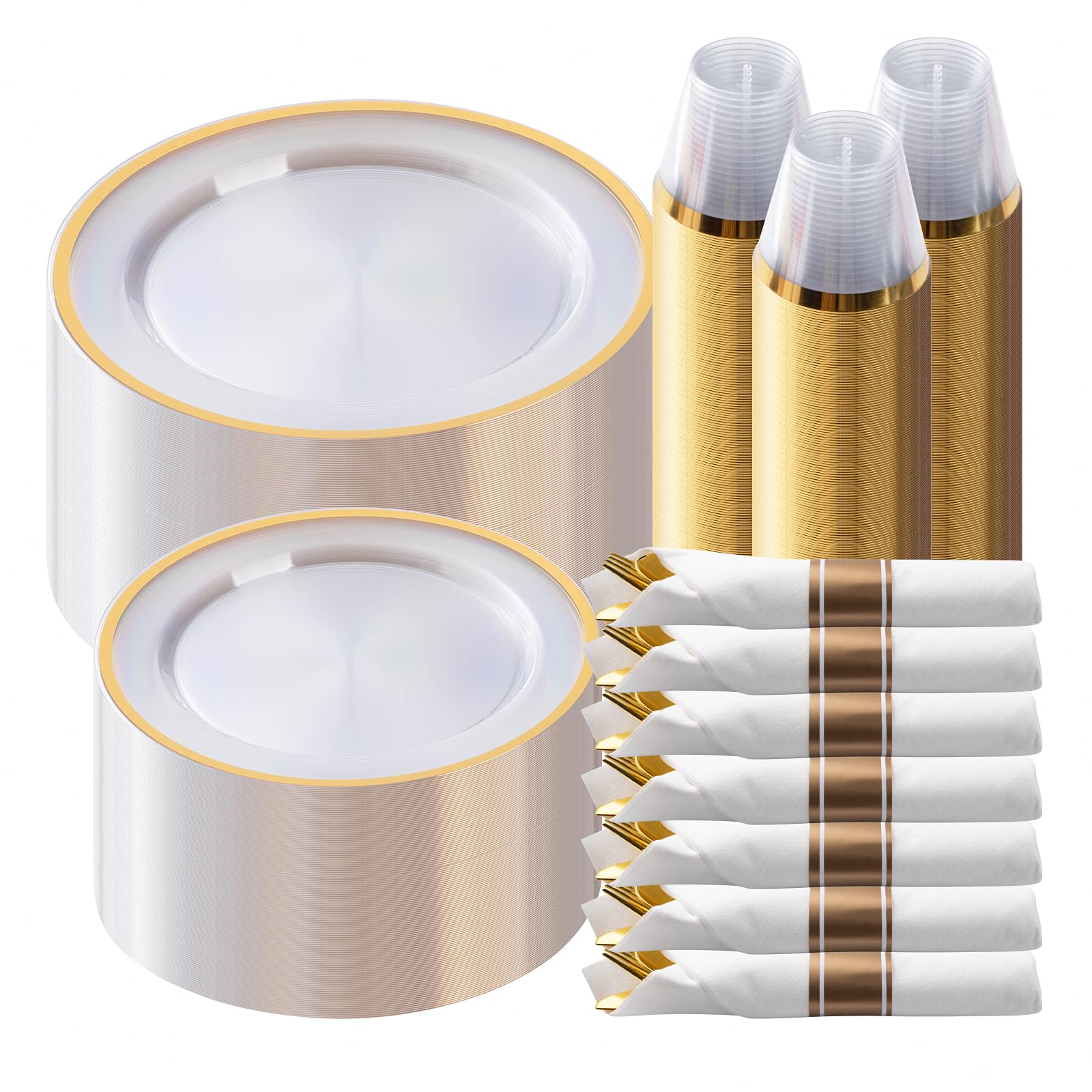 Photo 1 of Goodluck 350 Piece Gold Plastic Dinnerware Set for Party, Clear Disposable Plates for 50 Guests, Include: 50 Dinner Plastic Plates, 50 Dessert Plates, 50 Pre Rolled Napkins with Cutlery Set, 50 Cups
