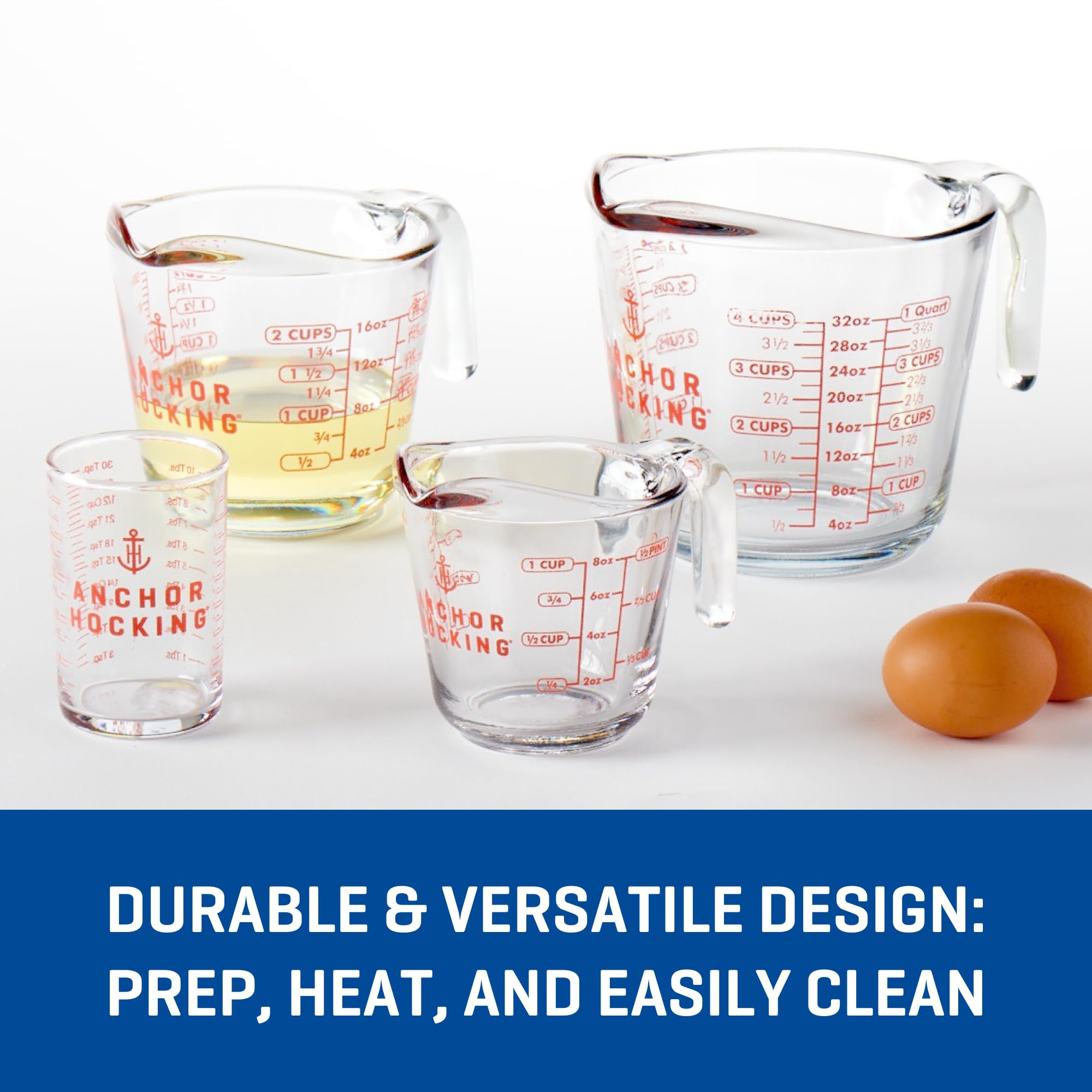 Anchor Hocking Glass Measuring Cups, 4 Piece Set (5 Ounce, 1 Cup, 2 Cup, 4 Cup liquid measuring cups)