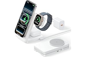 MEIFIGNO 3 in 1 Magnetic Charging Station, 15W Fast Wireless Charger Compatible with MagSafe Charger Stand for iPhone 17 16 15 14 13 12, Apple Watch Charger & AirPods, Foldable Travel Charging Dock, White