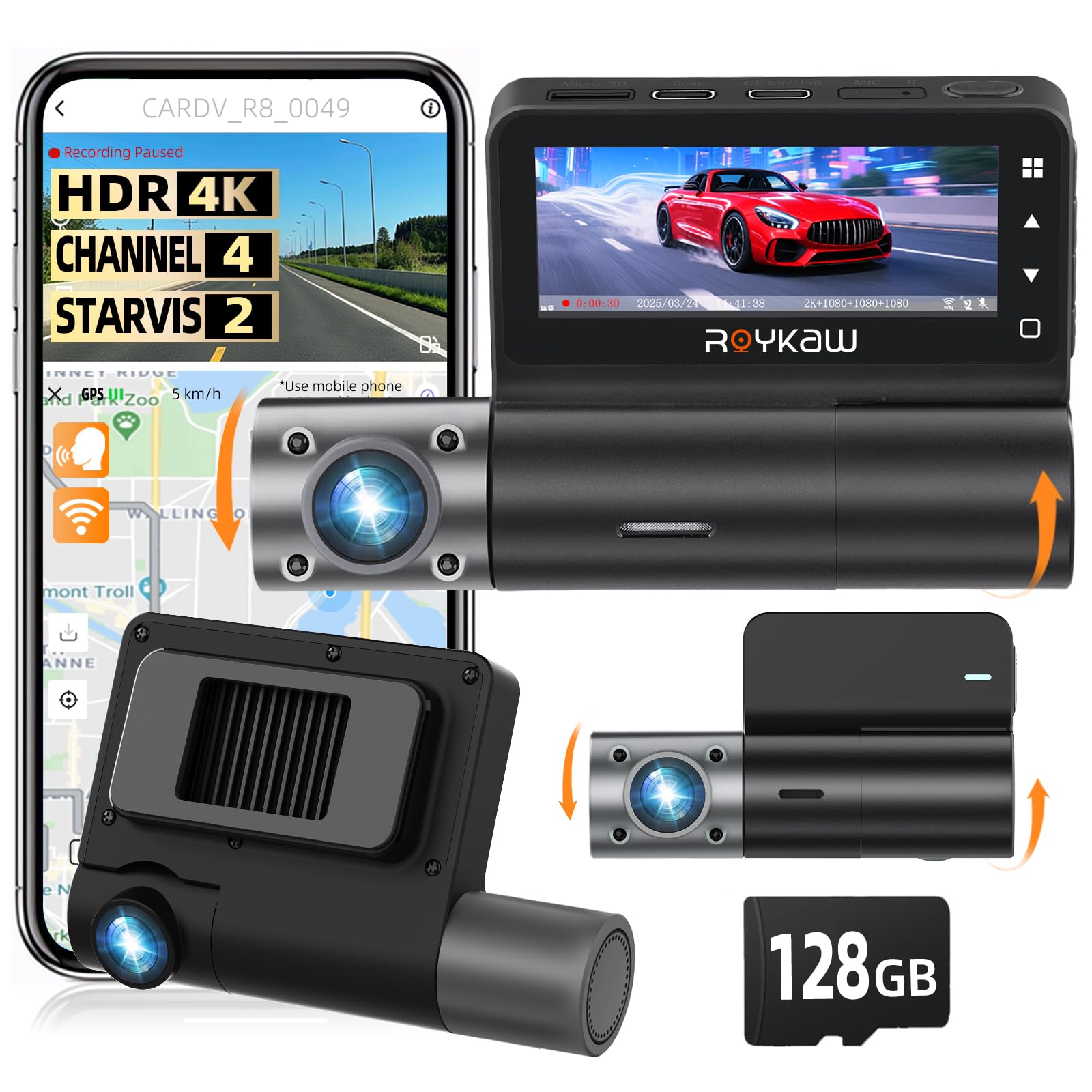Photo 1 of 4K Dash Cam Front and Rear, 4K+1080P*3 Dash Camera for Cars,STARVIS 2 Sensor, Include 128GB SD Card,24 Hrs Parking Mode, 5G WiFi, GPS, Voice Control, Loop Recording, 512GB Support, APP Control