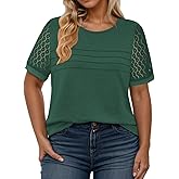 VISLILY Womens-Plus-Size-Summer-Tops Dressy Lace Short Sleeve T Shirts Casual Crewneck Blouses Trendy Pleated Tunics XL-5XL