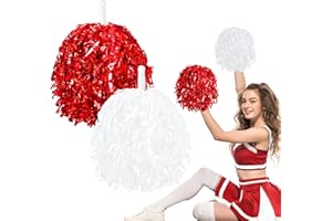 GOSODENY 2 Pieces of Cheerleading Pompoms in Two Colors Vibrant and Fun Colorful Balls Cheerleading Costume Accessories Suitable for Party Dance Sports(Red White Metallic)