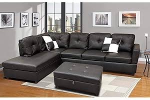 FLASHBUY Sectional Sofa, L-Shape Faux Leather Sectional Sofa Couch Set with Chaise, Ottoman, 2 Toss Pillow Using for Living Room Furniture.（Black）