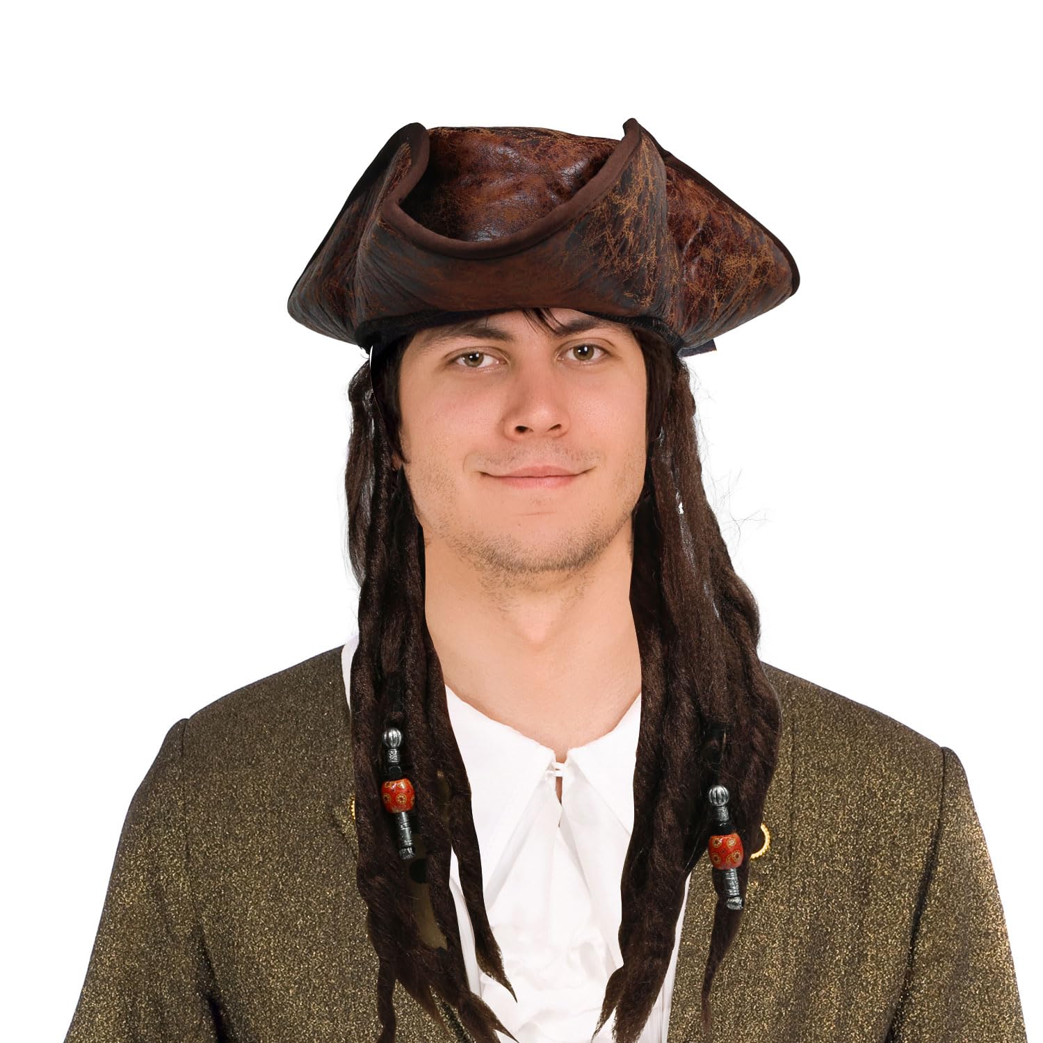 Hooin Deluxe Pirate Tricorn Hat with Dreadlocks – Handmade Faux Leather Captain Hat for Costume & Cosplay.