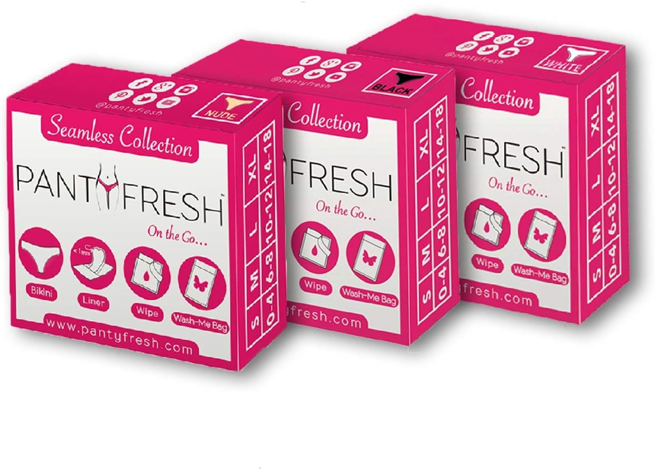 Panty Fresh On-The-Go 4in1 Women's Emergency Kit, Travel Kit- Pocket Size Includes Seamless Underwear, Pantyliner, Fresh Wipe & Wash Bag Ultimate Survival Kit, Feminine Hygiene Sachet First Period Kit
