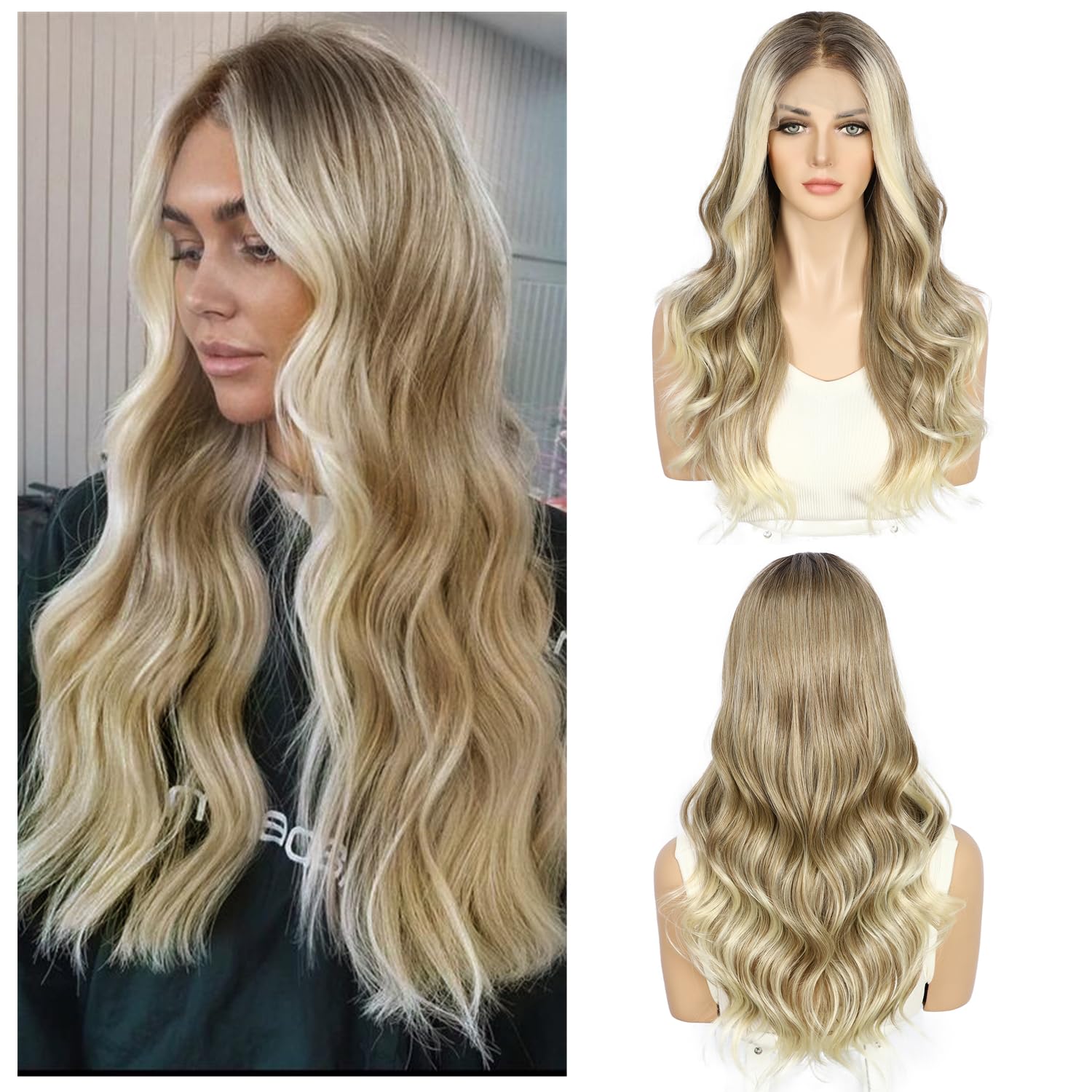 Sapphirewigs Blonde Lace Front Wig 13x4 Synthetic Wigs Body Wave Ombre Blonde Lace Front Hair Pre-plucked Daily Wear Party Date Christmas 22 inch