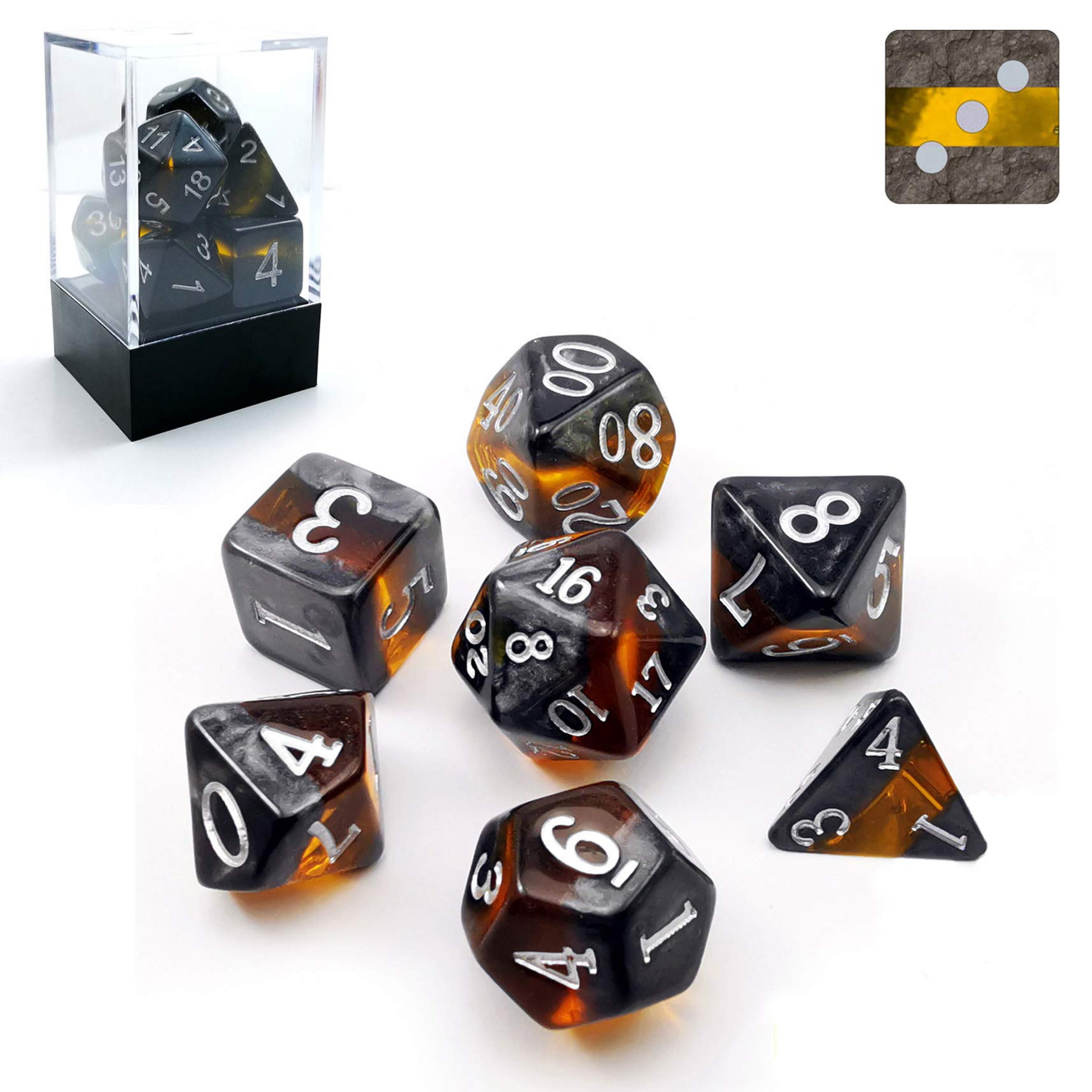 Bescon Mineral Rocks Polyhedral D&D Dice Set, GEM VINES Effect RPG Role Playing Game Dice 7pcs Set of AMBER — image 1