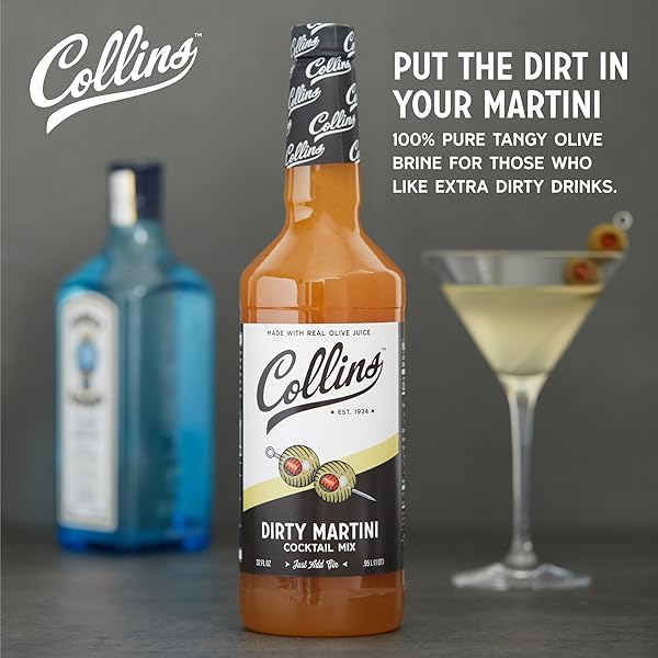 COLLINS DIRTY MARTINI MIX, MADE WITH REAL OLIVE BRINE FOR THE BOLD FLAVOR YOU NEED, CLASSIC COCKTAIL RECIPE INGREDIENT, BARTENDER MIXER, DRINKING GIFTS, HOME COCKTAIL BAR, 32 FL OZ