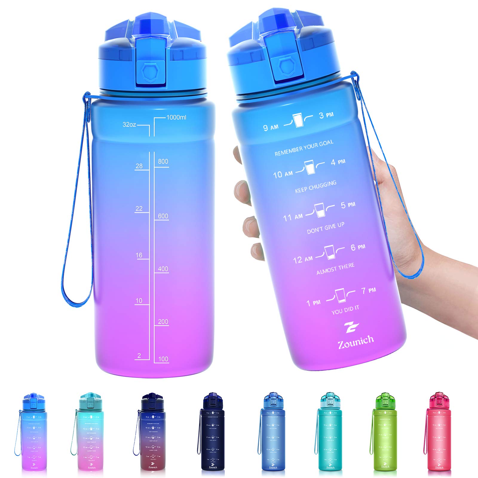 Zounich Best Sports Water Bottle Leak Proof 1L/700ml/500ml BPA Free Drink Bottles|Kids,Adults,Gym,School,Sport,Cycling|with Times to Drink & Fruit Infuser & Lock Cover Filter|Reusable Large 32OZ — image 1