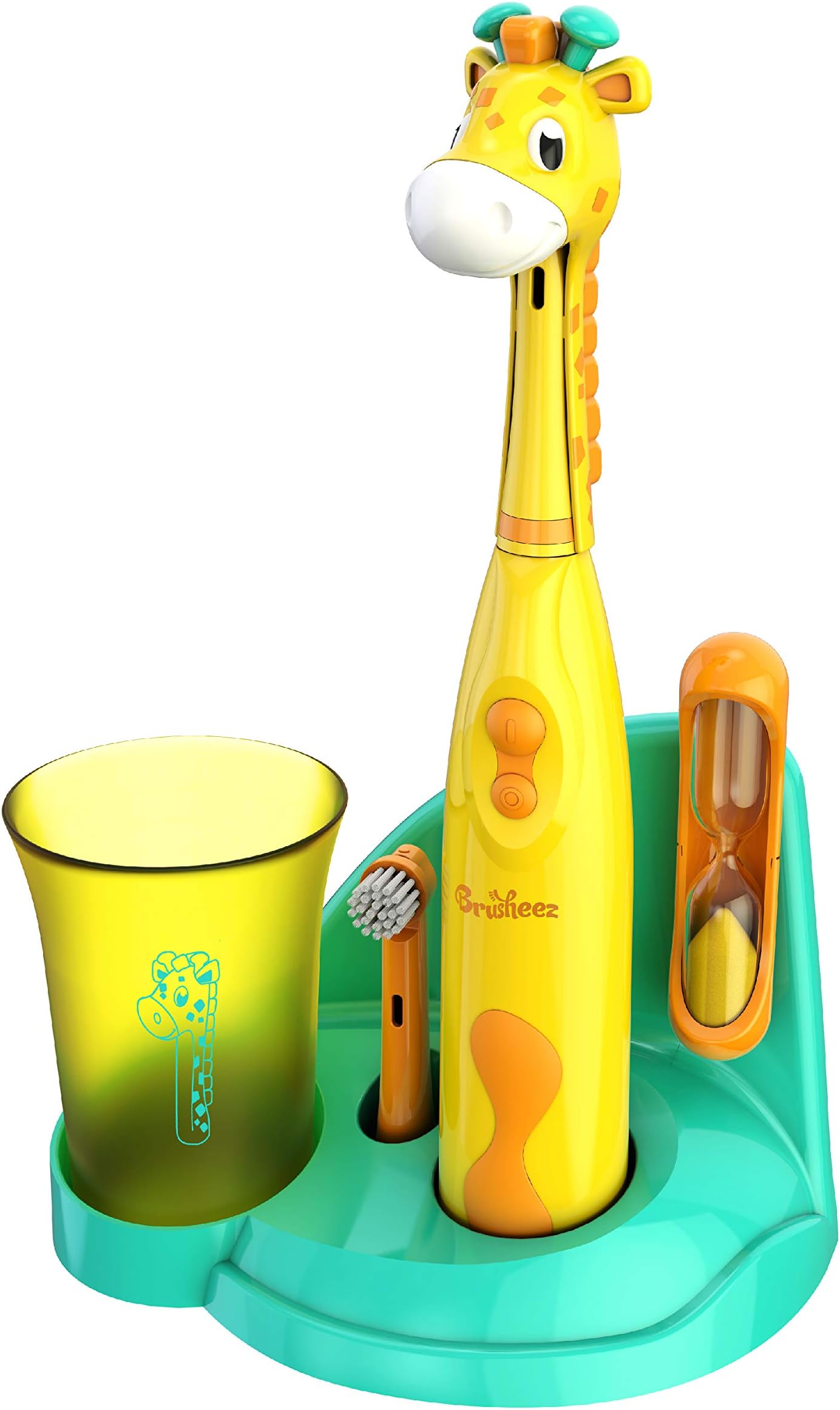 Brusheez Children's Electric Toothbrush Set - New & Improved with Softer Bristles, Easy-Press Power Button, 2 Brush Heads, Cute Animal Cover, Sand Timer, Rinse Cup & Storage Base - Jovie the Giraffe