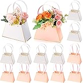 Fuutreo 12 Pcs Valentine's Day Flower Gift Bags for Bouquets Portable Craft Flower Arrangement Boxes with Handle Waterproof Bouquet Florist Packaging Wrap for Wedding Birthday Graduation(Pink, White)