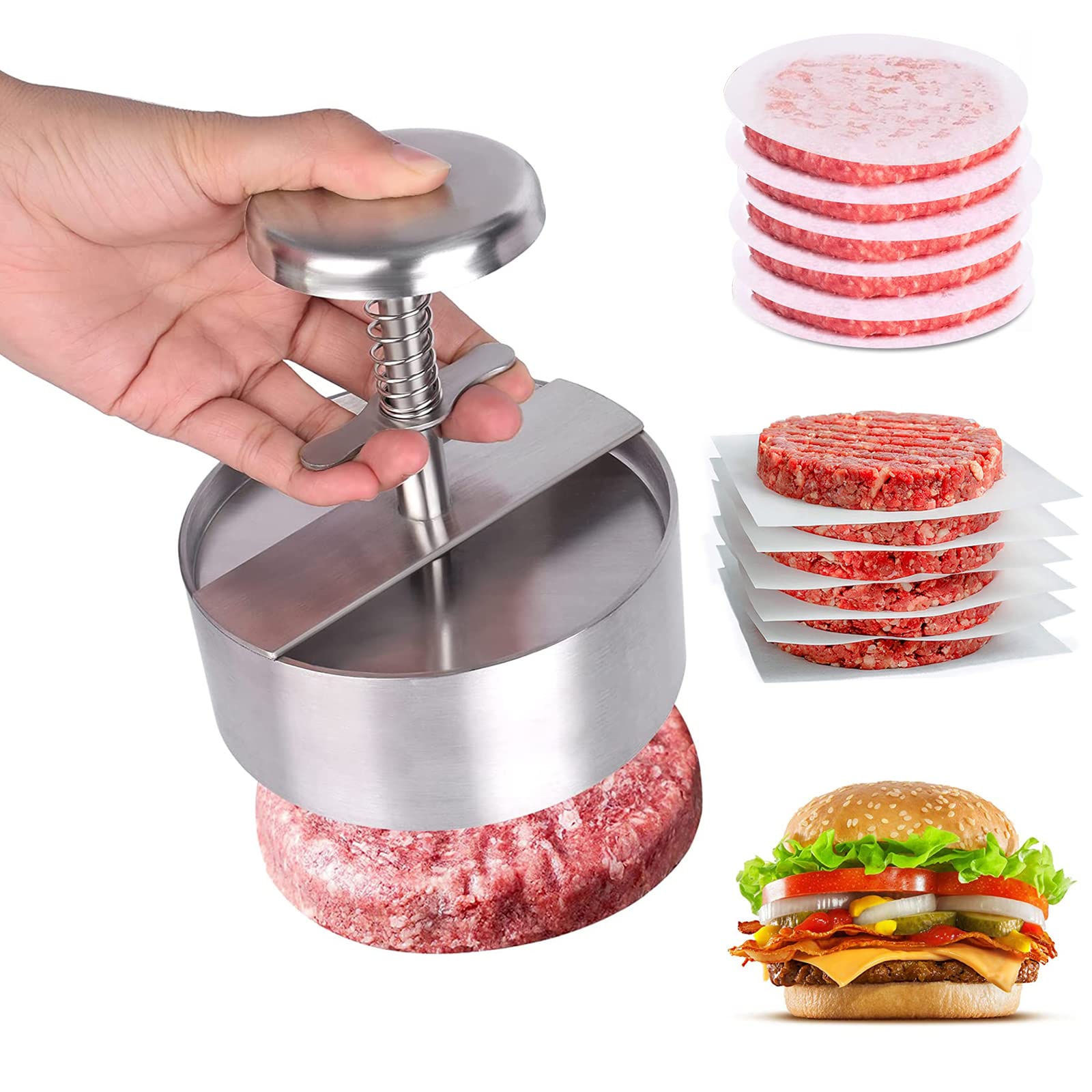 Burger Press for Delicious Hamburgers - Comes with 150pcs Burger Paper - Hamburger Press with 100g - 400g Patty - Adjustable Burger Press Patty Maker - Stainless Steel Press for Tasty Burgers.