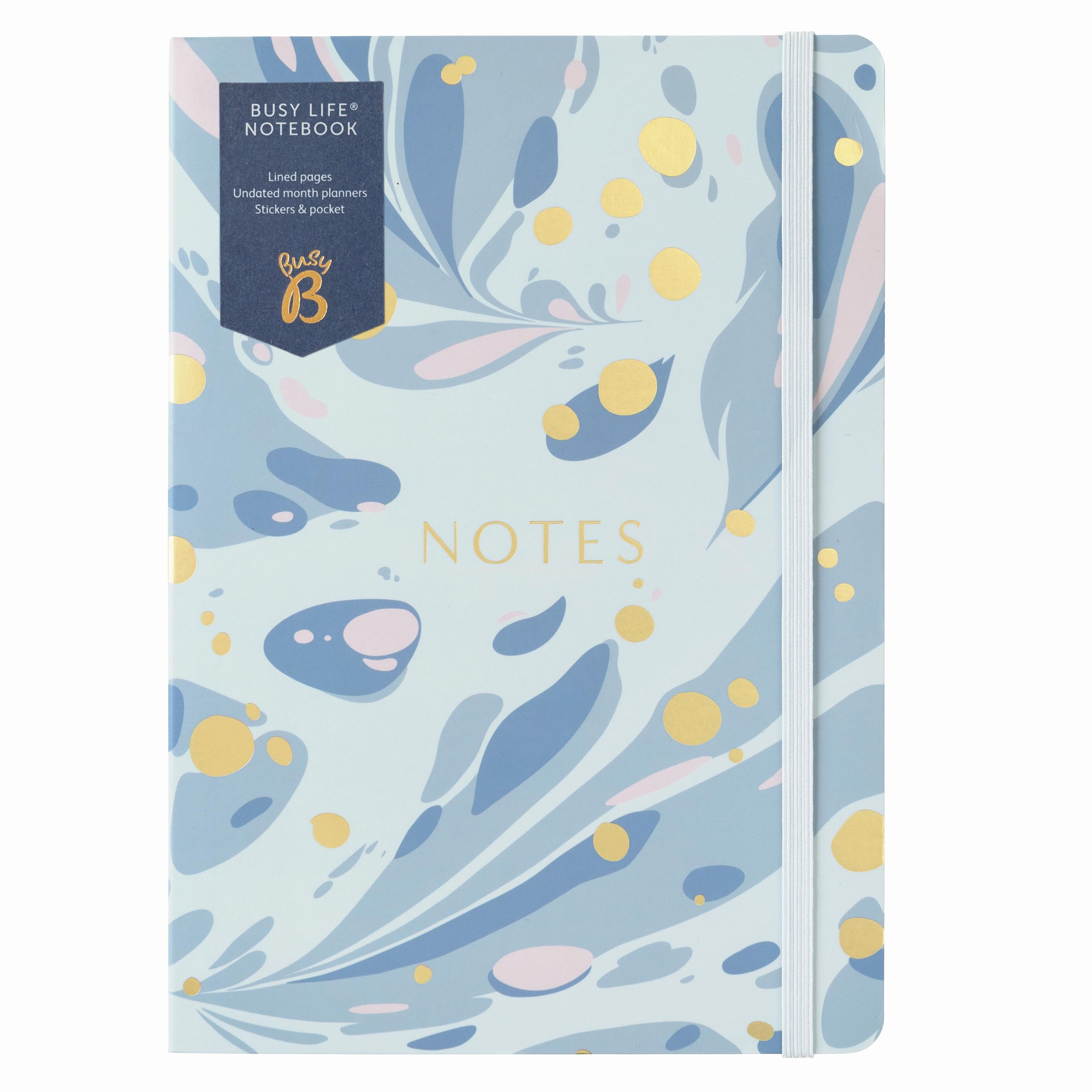 Busy B A5 Busy Life Notebook - Blue Marble Cover - Perfect for Students, Teachers, Work & More with Lined Pages, Undated Month Planners, Stickers, Storage Pocket & Elastic Closure