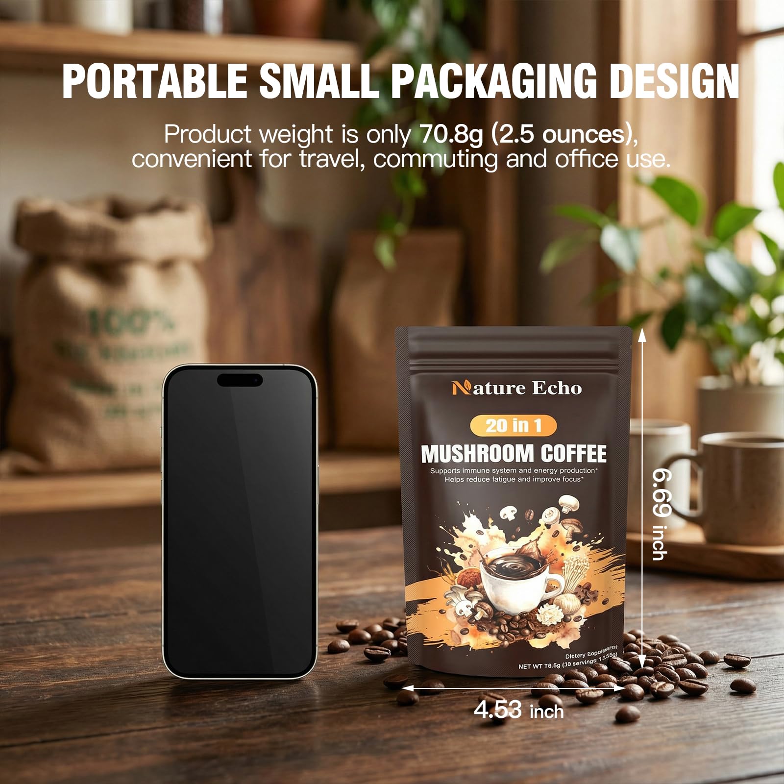 Nature Echo 20 in 1 Mushroom Coffee with Ashwagandha | Lion’s Mane, Reishi, Cordyceps & More - Instant Coffee Powder for Focus, Memory, Immune & Gut Support | 2.5 Ounce | Sugar Free