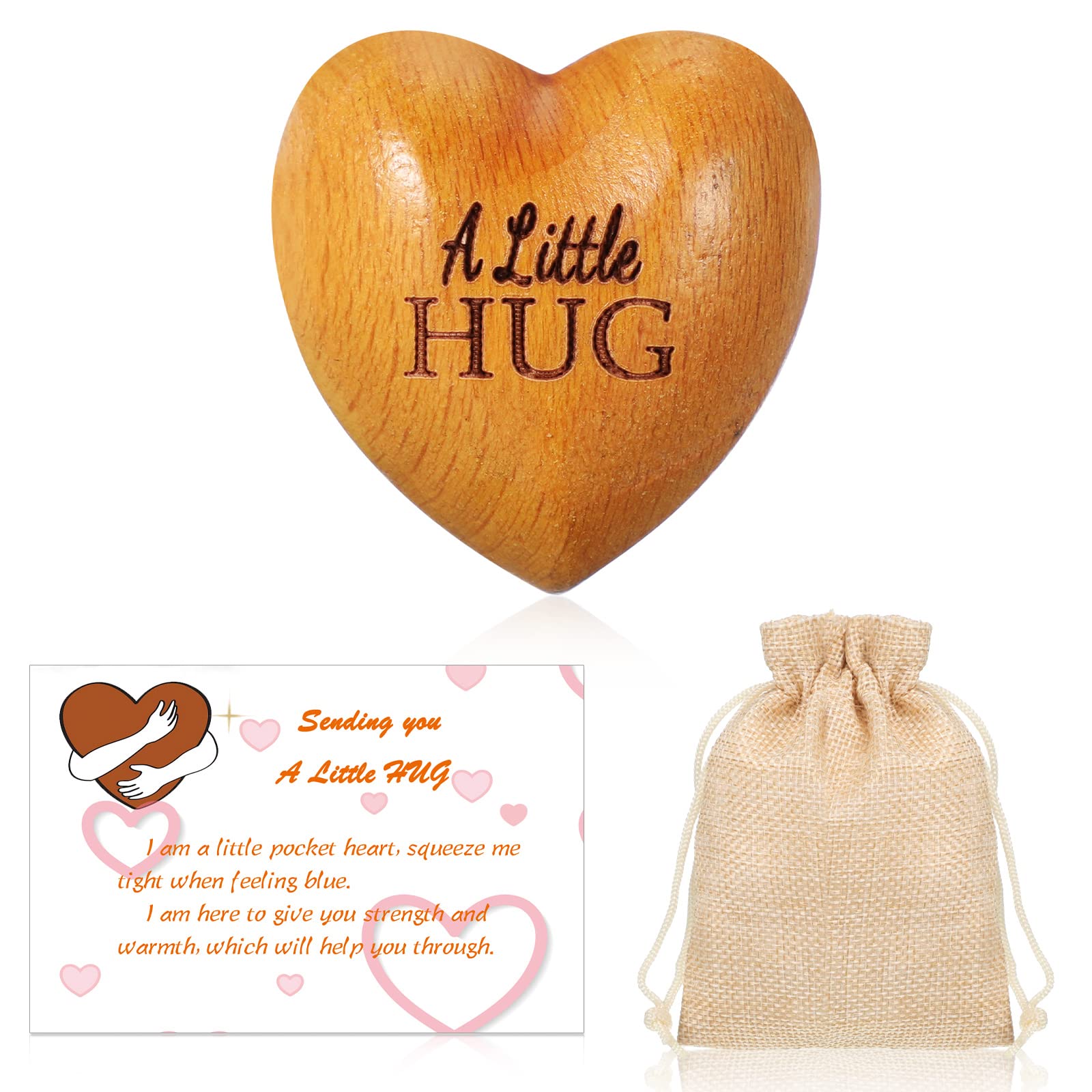 Otuuz Pocket Hug Gift Little Wooden Heart Ornament with Card and Drawstring Bag Sending Love Gifts for Women Couple Friend Anniversary Wedding Birthday(Hug,1.4 x 1.4 x 0.8) โ image 1