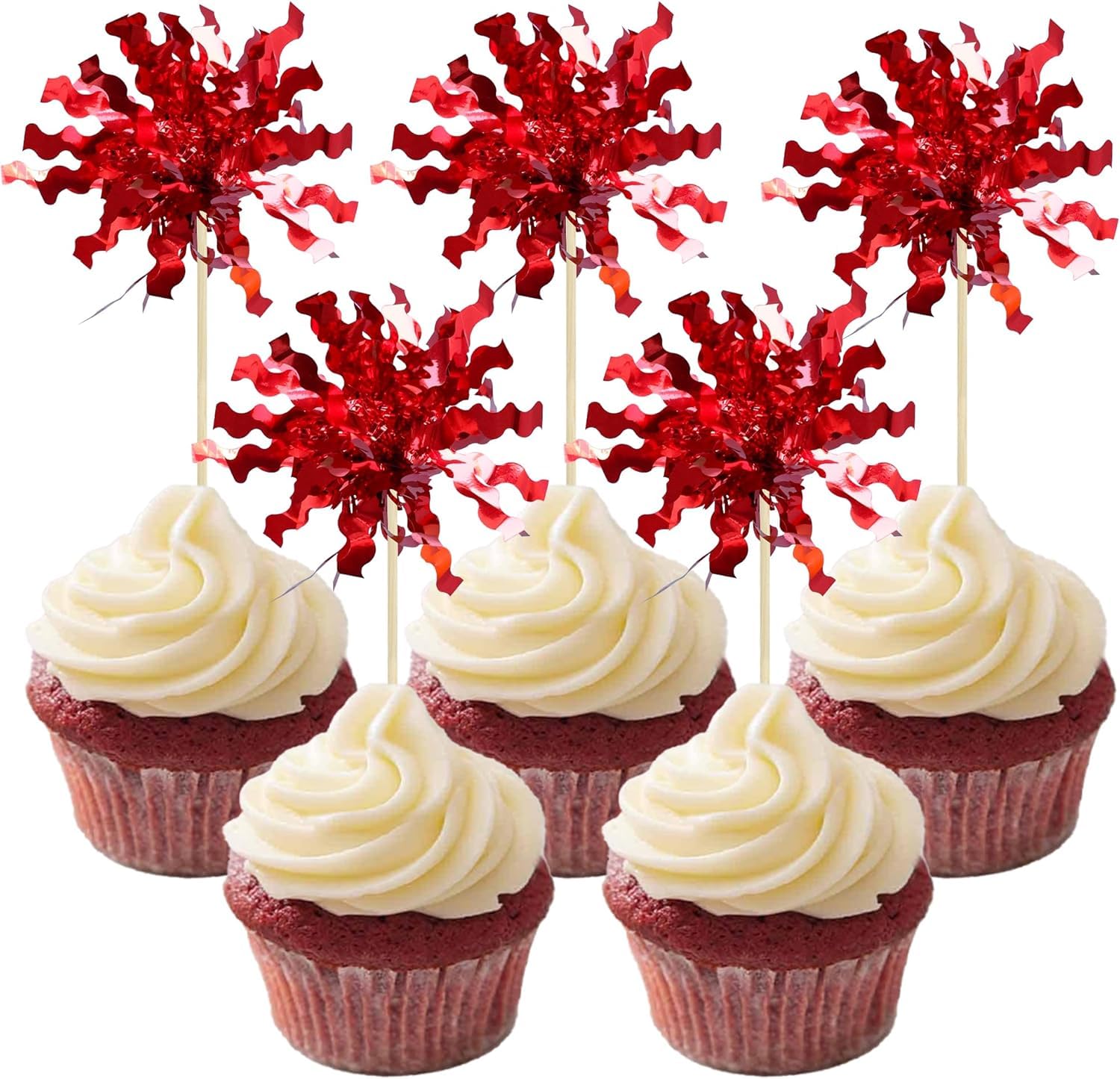 Nymora 30Pcs Foil Firework Cupcake Toppers Sparkle Tinsel Cake Toppers Tinsel Drink Cake Decoration Cocktail Picks for Birthday Wedding Graduation Party Supplies Red