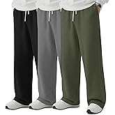 August Alley 3 Pack Men's Waffle Pants Baggy Drawstring Casual Wide Leg Pants Elastic Waist Sweatpants with Pockets